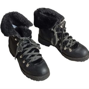 J.Crew Women Lace Up Combat Boots Sz 9M Black Nubuck Leather Upper Faux Fur Trim
